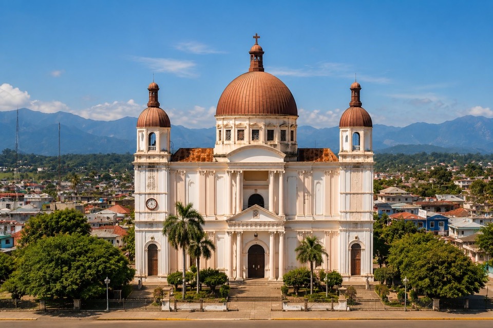 Cathédrale Notre-Dame rising over the rooftops of Cap-Haïtien, Haiti